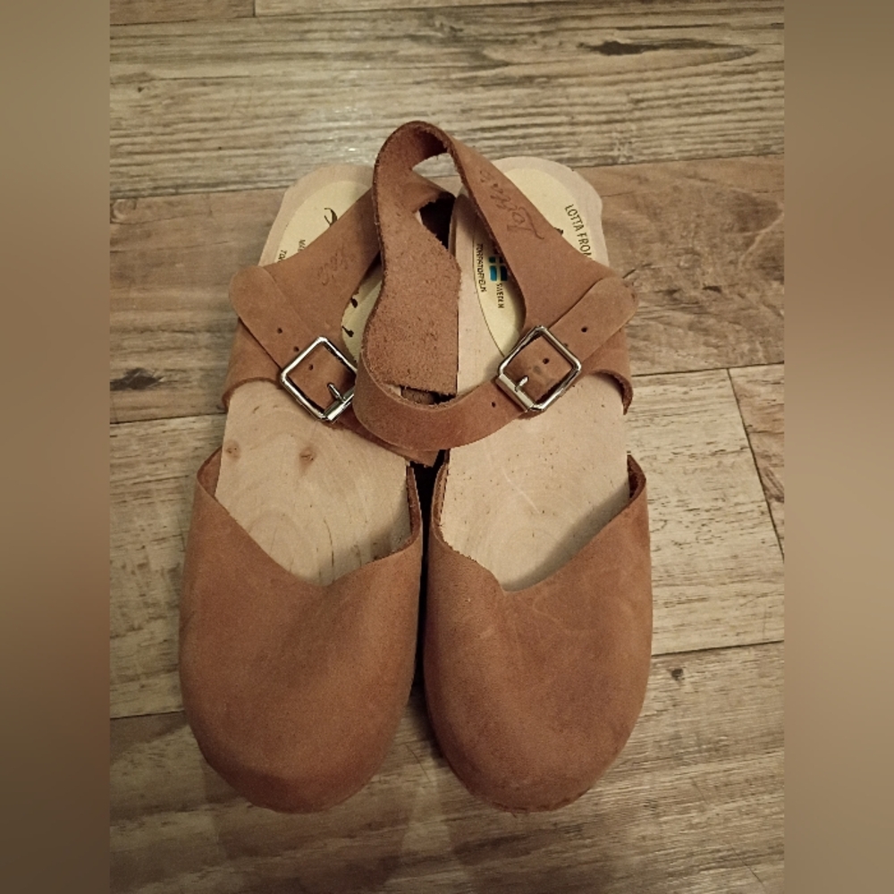 Lotta's From Stockholm Tan Suede Clogs with Buckle